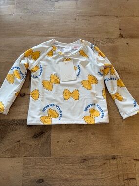 Zara new Kids White Long Sleeve swim pool Top with pasta Bow Print size 2
